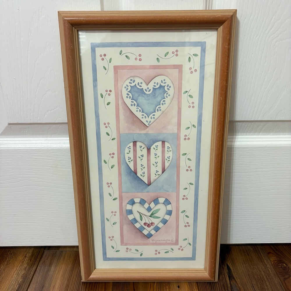 Vintage Virginia Welytok 3 Heart Trio Shabby Chic Cottage Wall Art Wooden Frame
